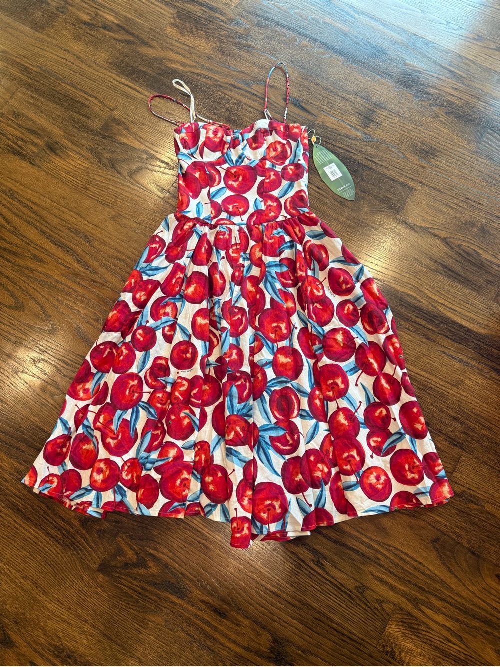 FARM Rio Red Cherry Print Midi Dress with Blue Leaf Accents